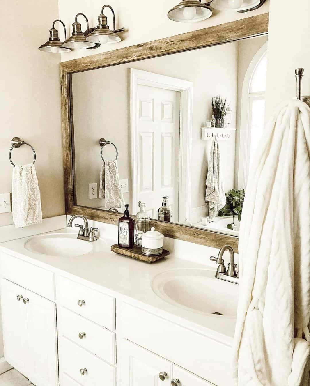 06 of  White Vanity with Wood Bathroom Mirror