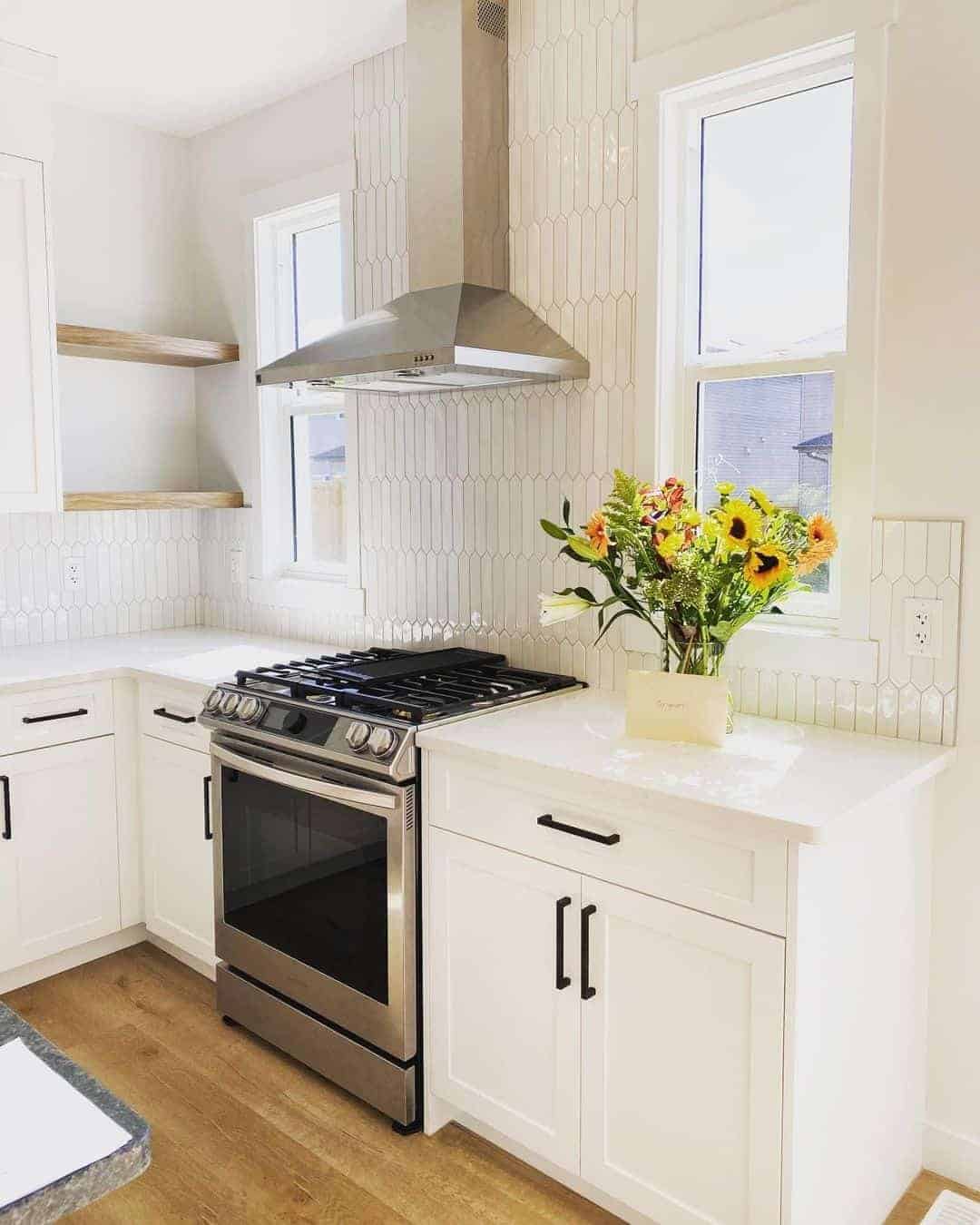 13 of  White Cabinets With Elongated Hexagon Tile Backsplash