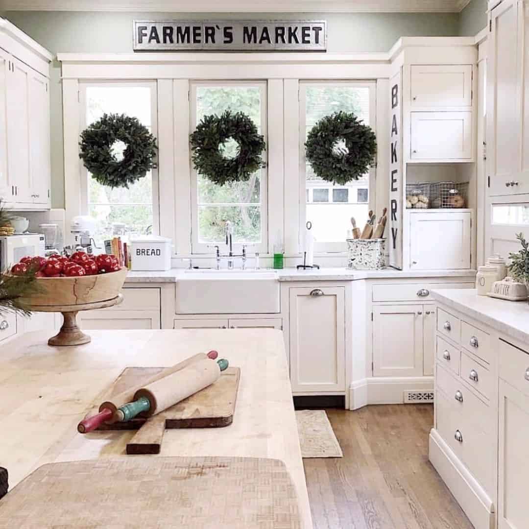 24 of  Green and White Farmhouse Kitchen With Wreaths on Windows