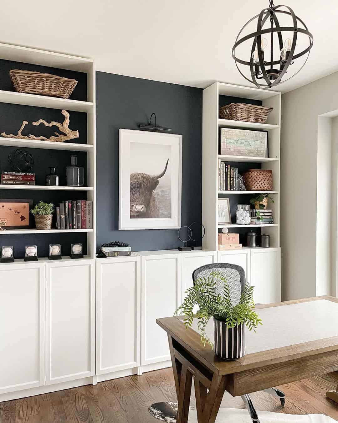 17 of  Dark Gray Accent Wall With White Built-in Shelves