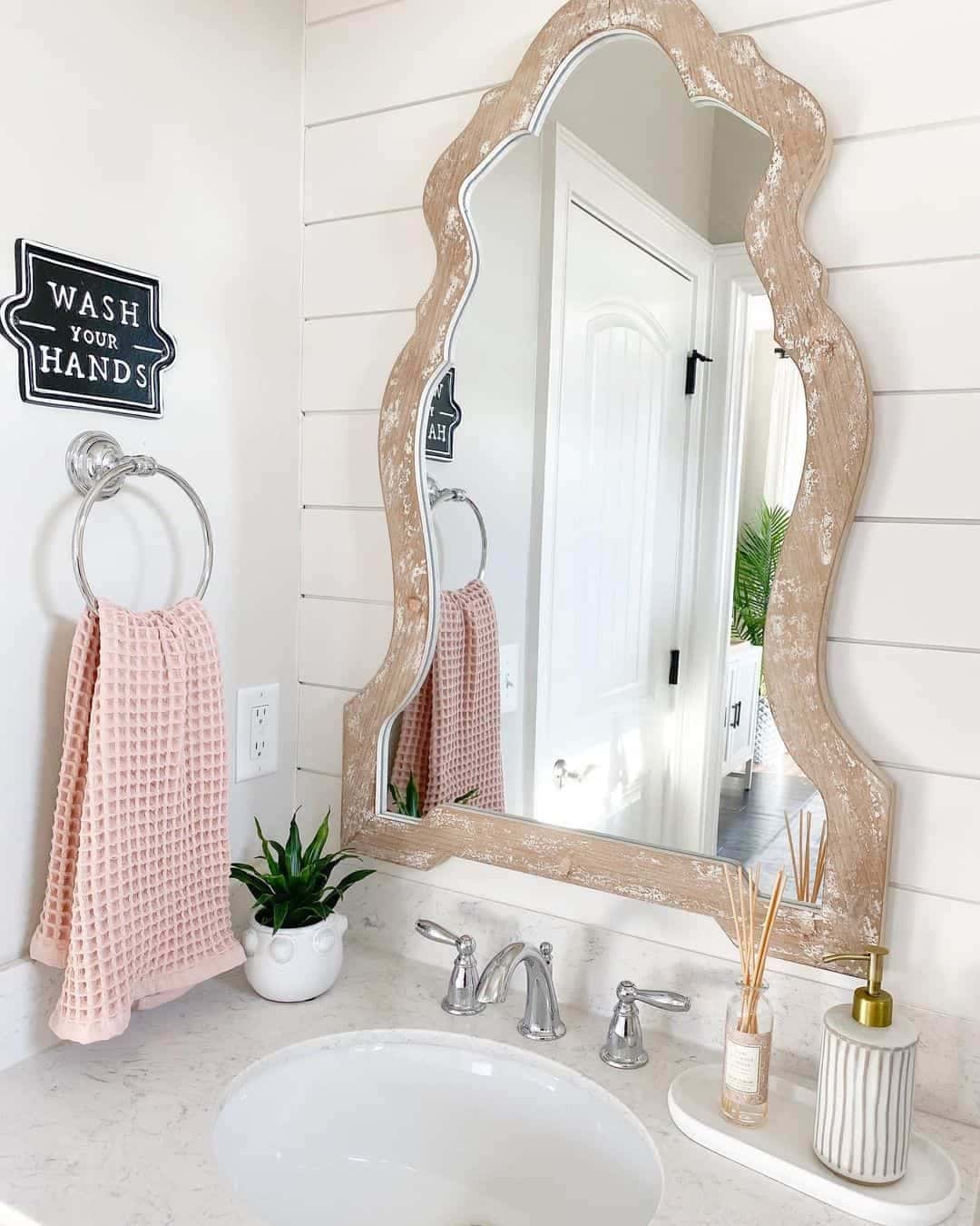 21 of  Bathroom with Wood Framed Vanity Mirror