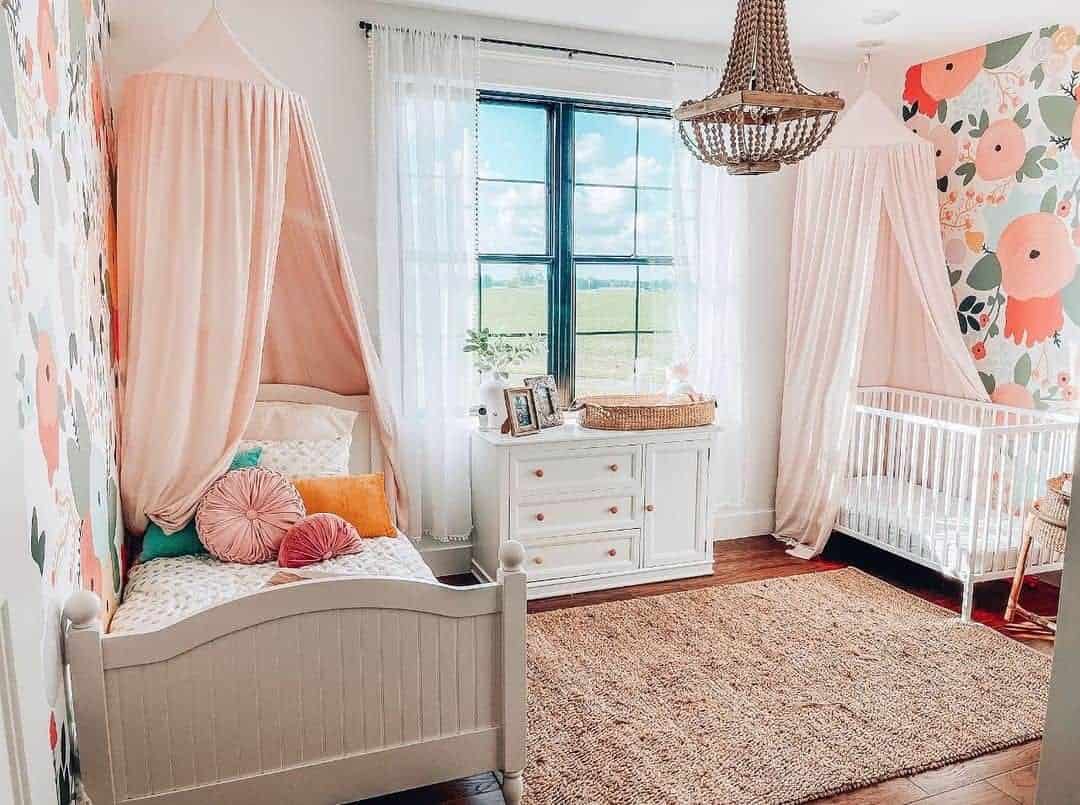 21 of  Pink Children’s Bedroom with a Crib and Twin Bed