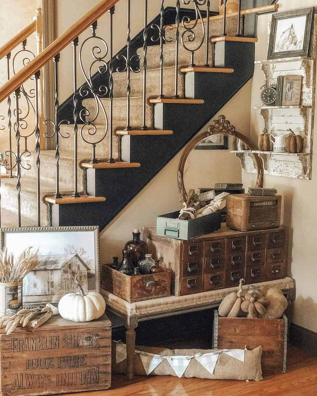 22 of  Rustic White Shelf Next to Wooden Stairs With a Carpet Runner