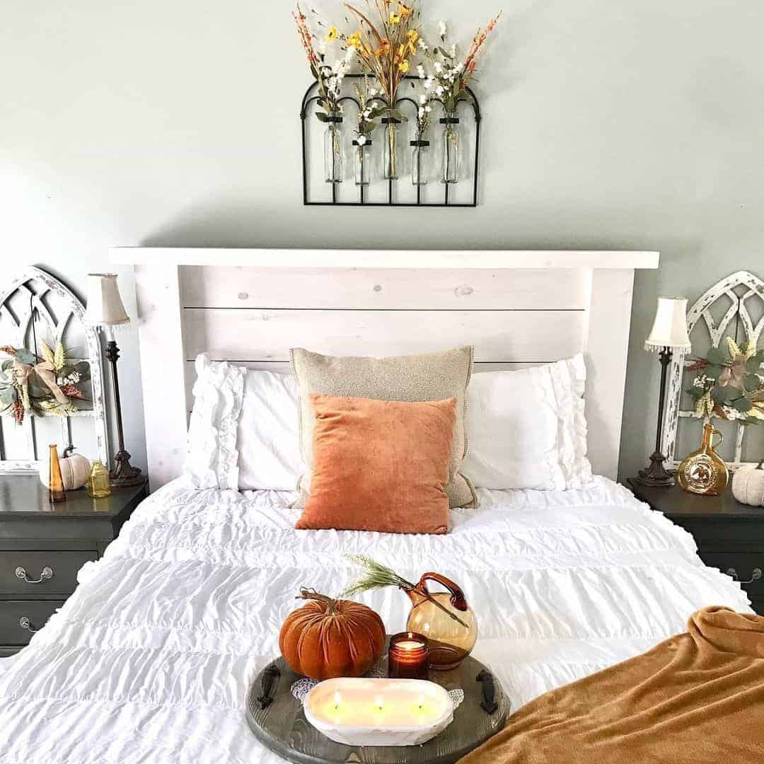 30 of  White Coverlet on Bed with White Queen Wooden Headboard