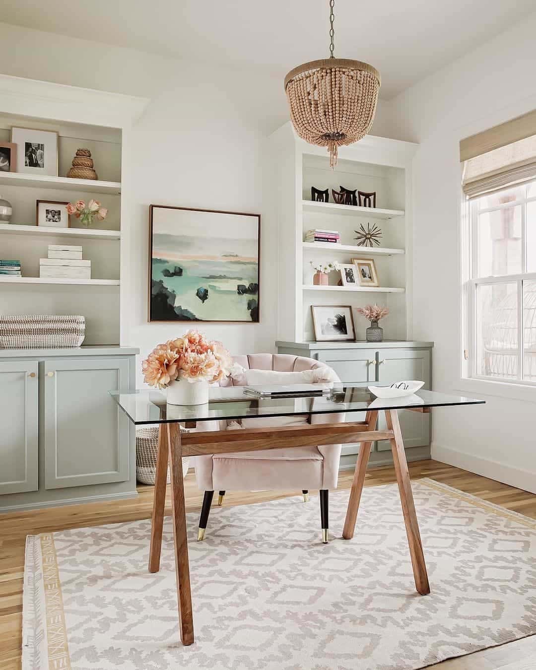 25 of  Glass Desk on a Geometric White Home Office Area Rug