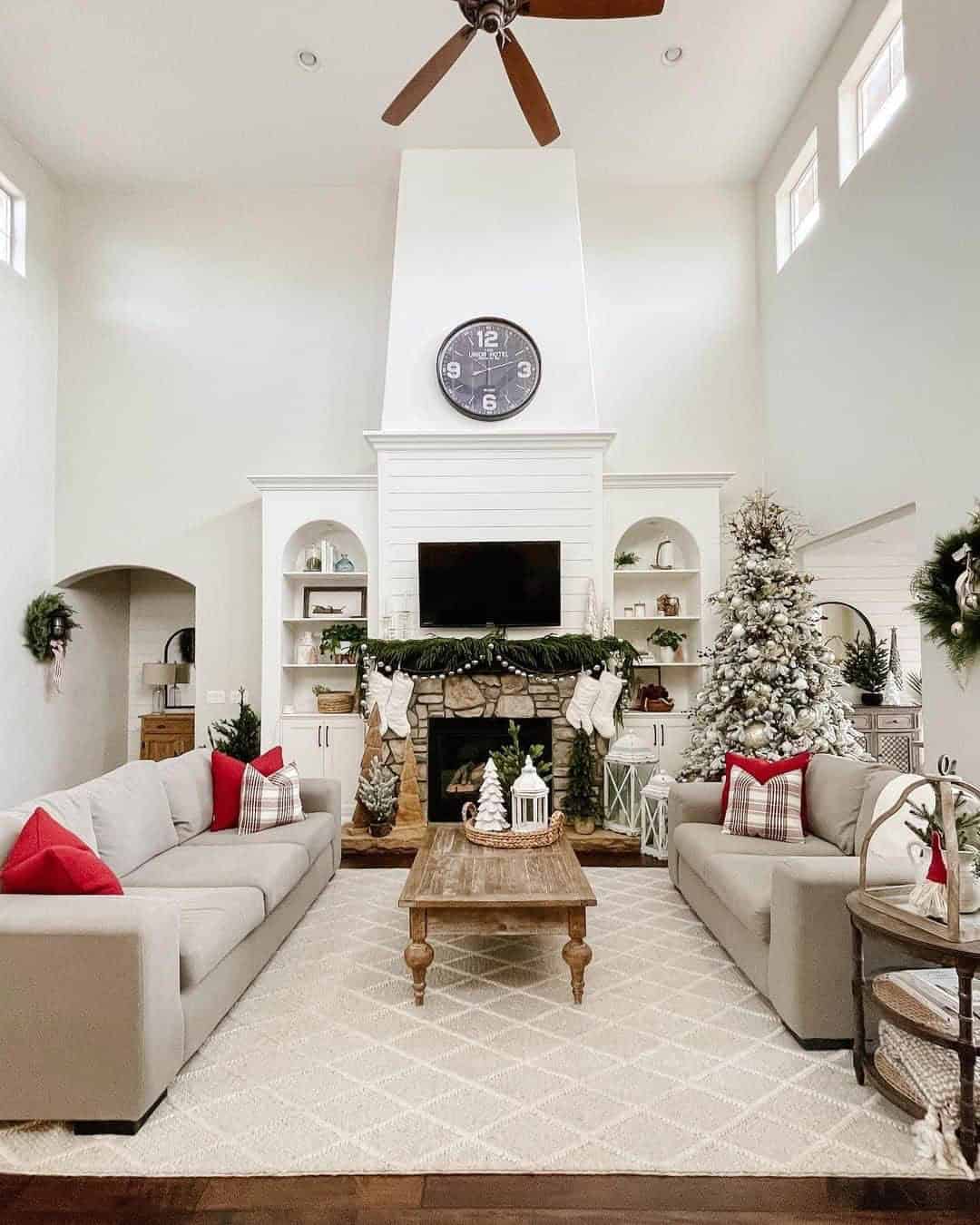 11 of  2 Story Living Room with Stone and Shiplap Fireplace