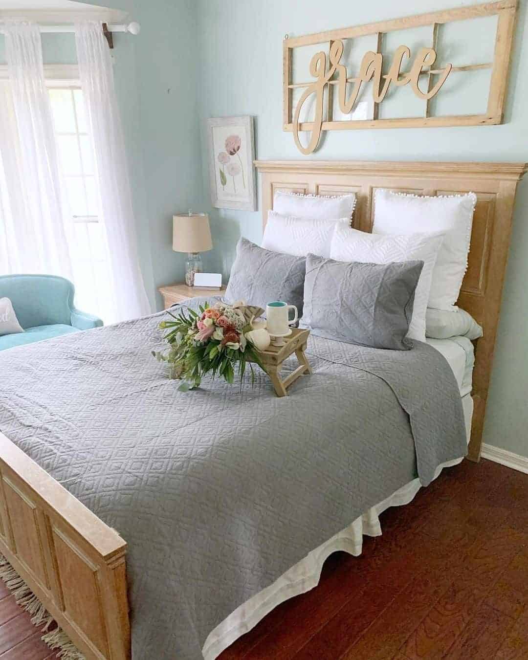 27 of  Queen Light Wood Headboard in Light Blue Bedroom