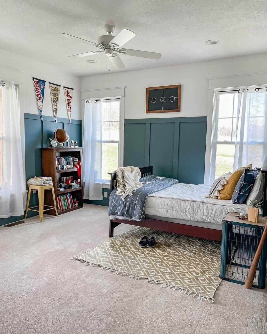 27 of  Beige Carpeted Office With Teal Shiplap Feature Wall