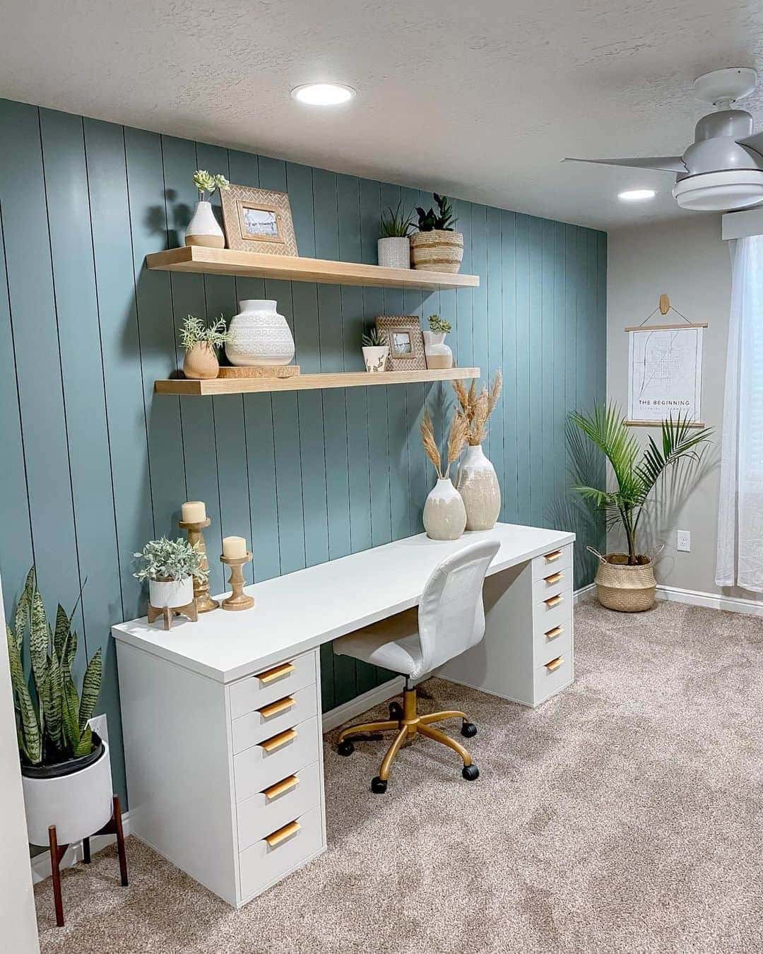 27 of  Beige Carpeted Office With Teal Shiplap Feature Wall