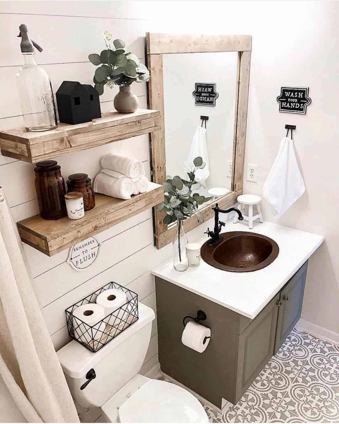 03 of  Gray Washstand with Wood Frame Bathroom Mirror