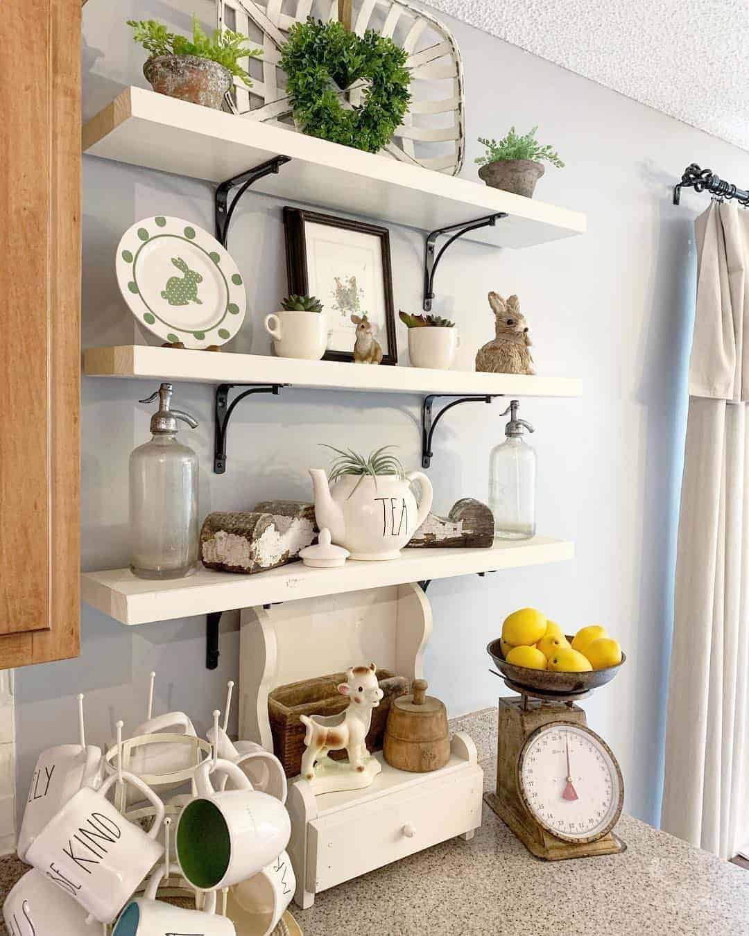 20 of  White Open Shelving in Gray Kitchen