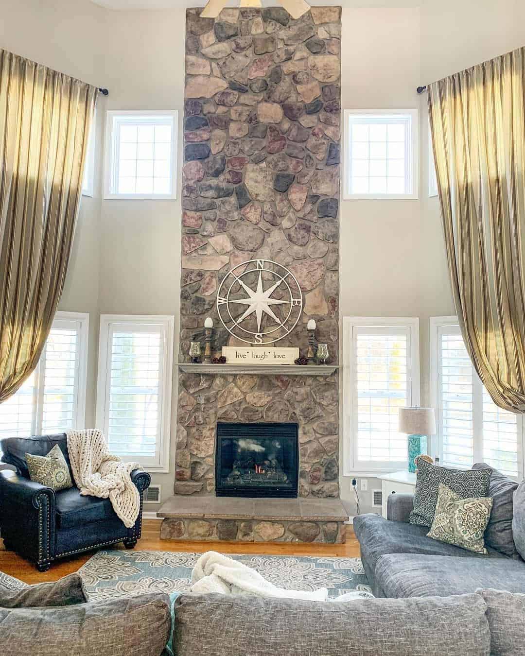 15 of  Two Story Family Room with Uneven Stone Fireplace