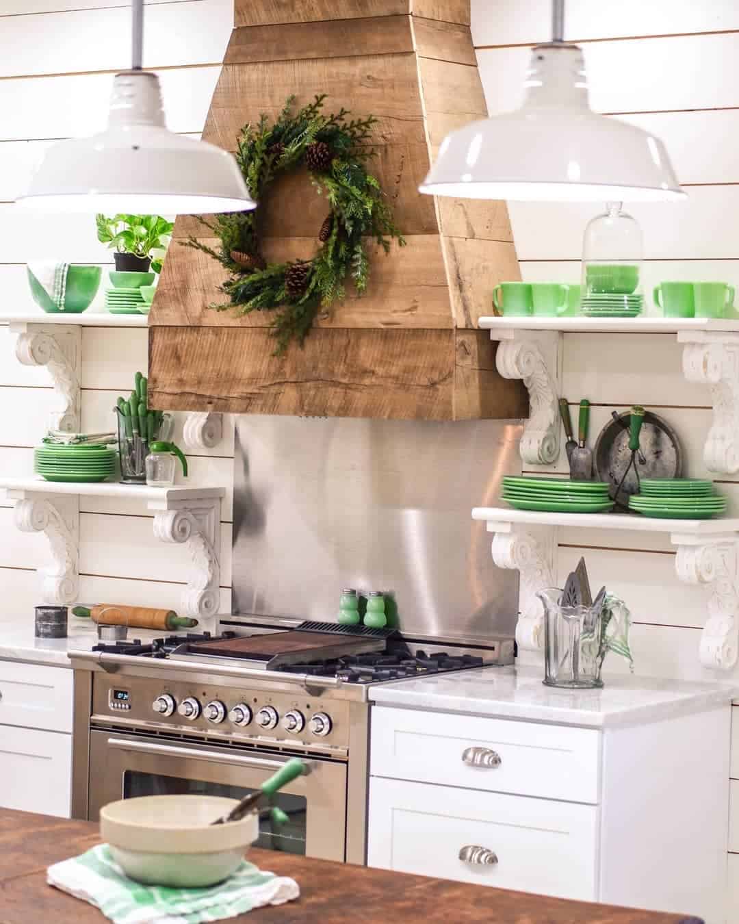 34 of  White, Wood, and Green Kitchen with Nickel Cup Drawer Pulls