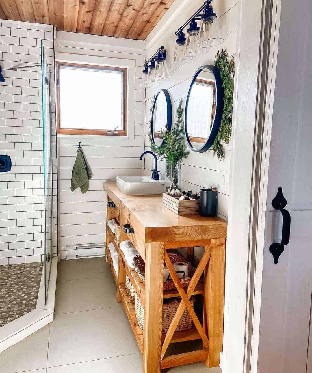 32 of  Bathroom with Stained Wood Vanity Countertop