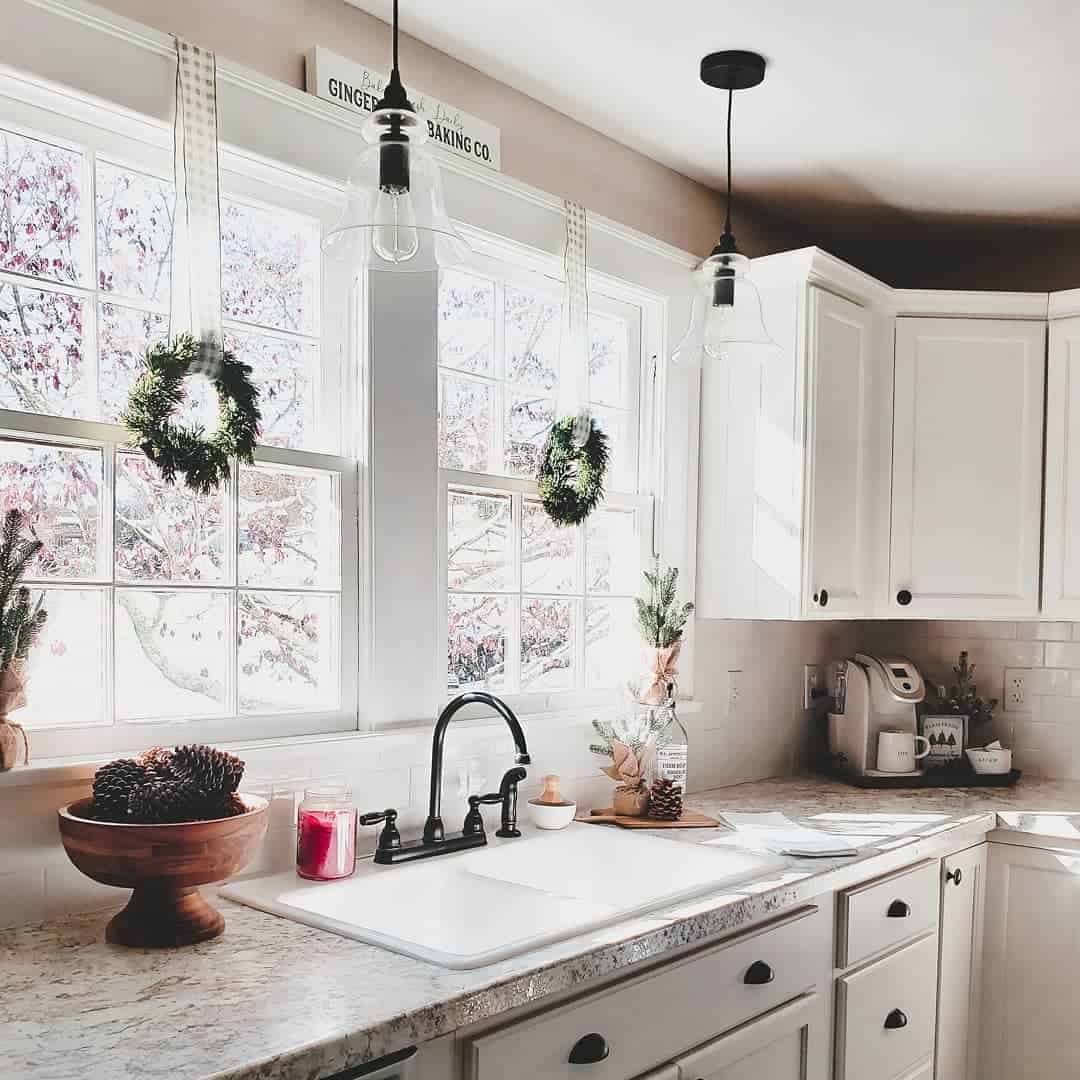 17 of  Greige Farmhouse Kitchen With Wreaths on Windows