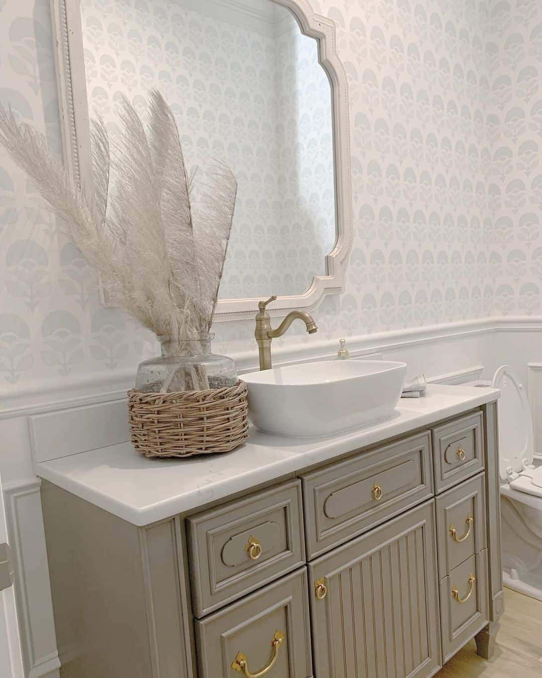 05 of  Bathroom with Wallpaper and White Wainscoting