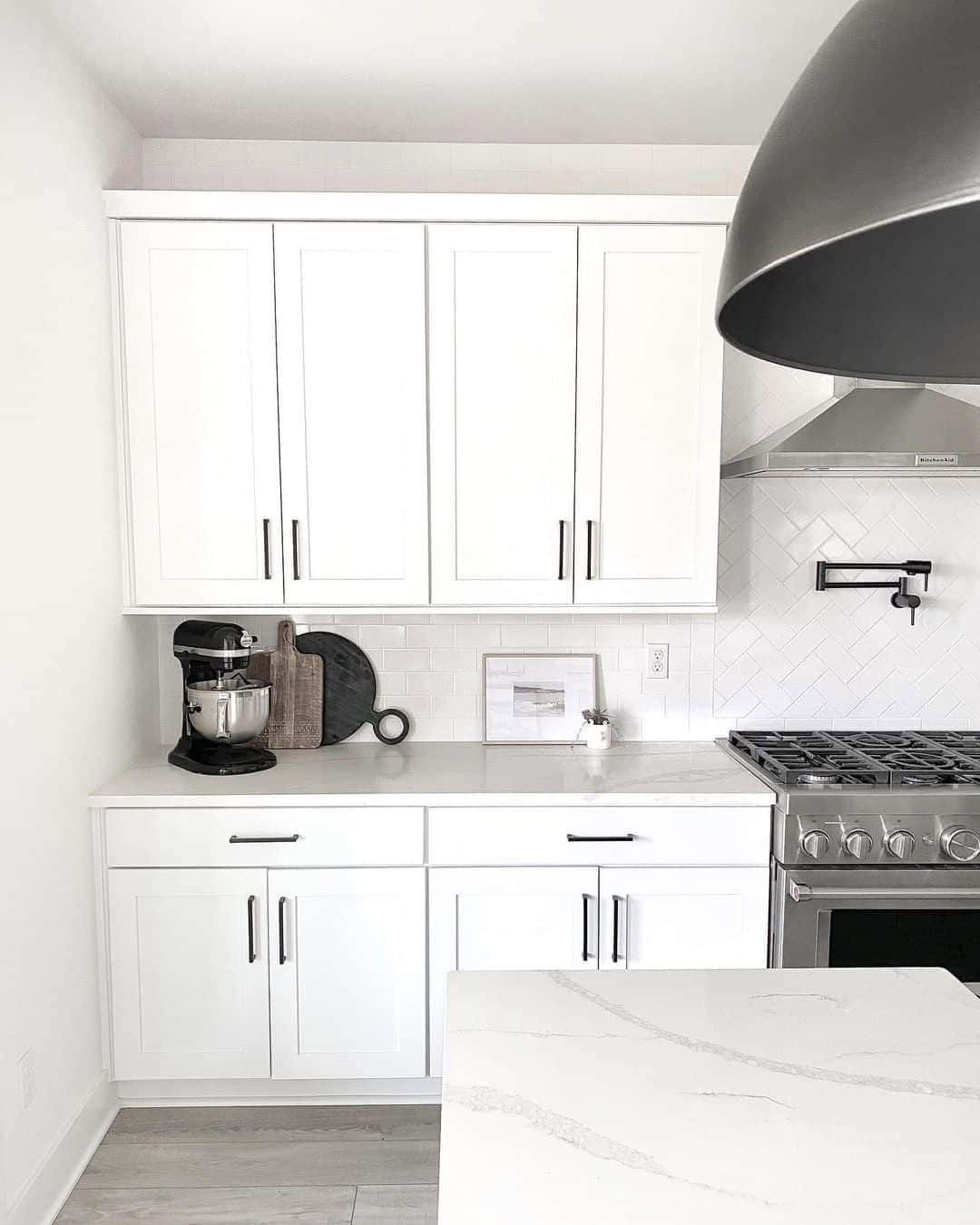 03 of  White Subway Tile Backsplash With Herringbone Accent Tile