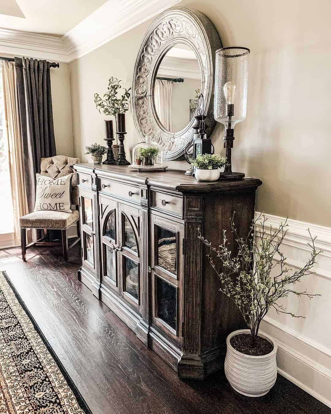 20 of  Large Mirror Over Dark Wood Sideboard