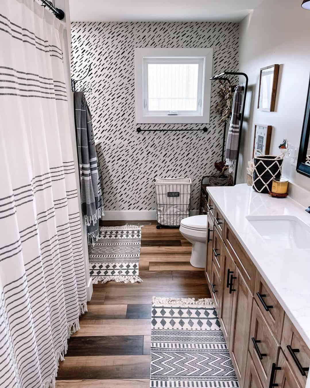 32 of  Black and White Wallpaper in Farmhouse Bathroom