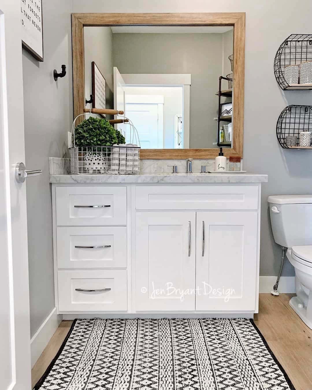 31 of  White Bathroom Vanity with Stained Wood Mirror