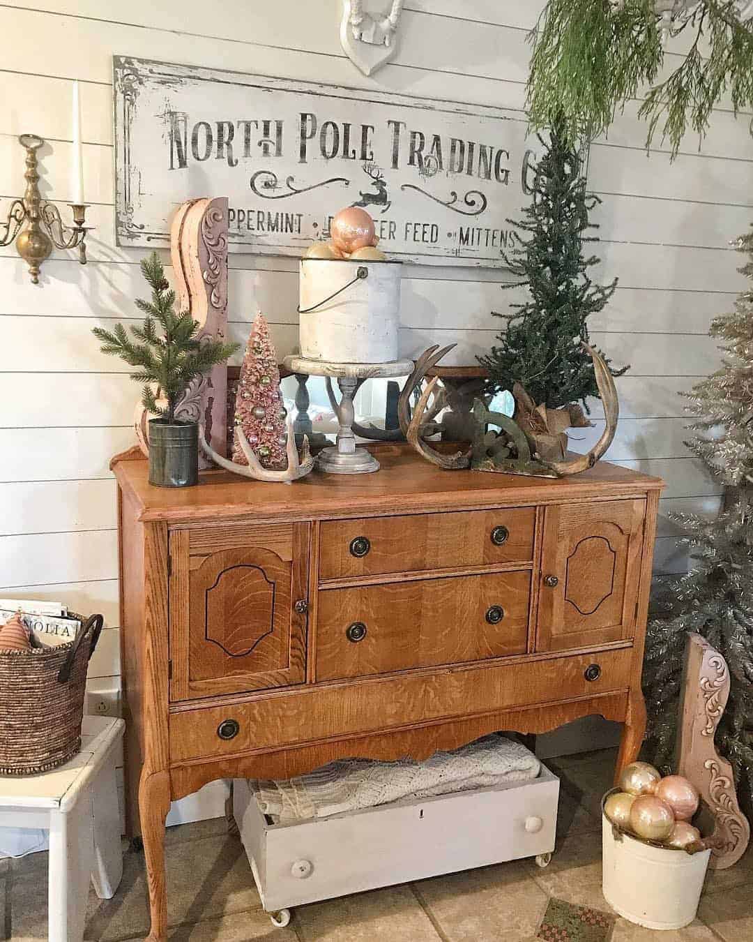 21 of  Ornate Warm Wood Sideboard Against White Shiplap Wall