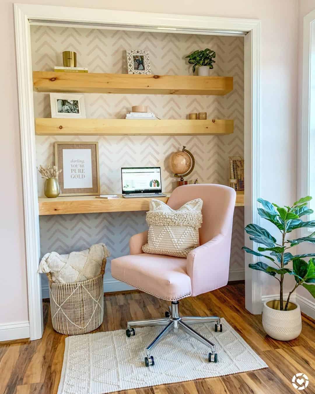 24 of  Neutral Herringbone Accent Wallpaper With Floating Shelves