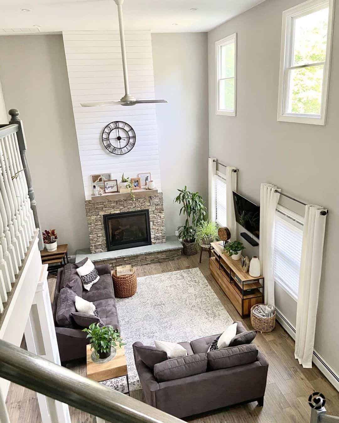 12 of  2 Story Stone and White Shiplap Fireplace