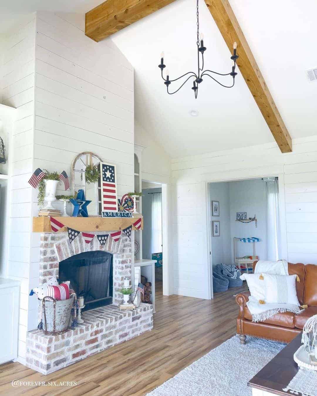 21 of  Whitewashed Brick Fireplace with Light Wood Mantel