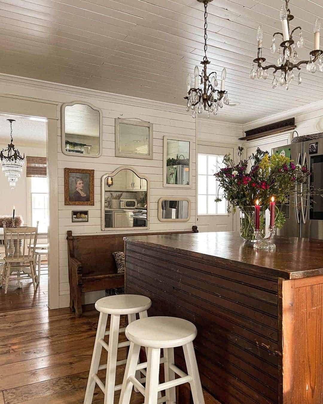 05 of  Vintage Rustic Kitchen with Island and Chandeliers