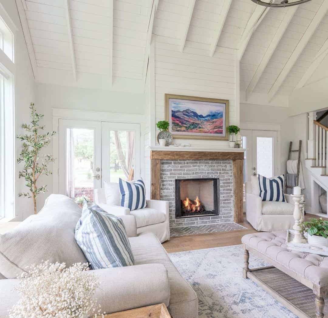 16 of  Gray Stone Fireplace with Stained Wood Trim