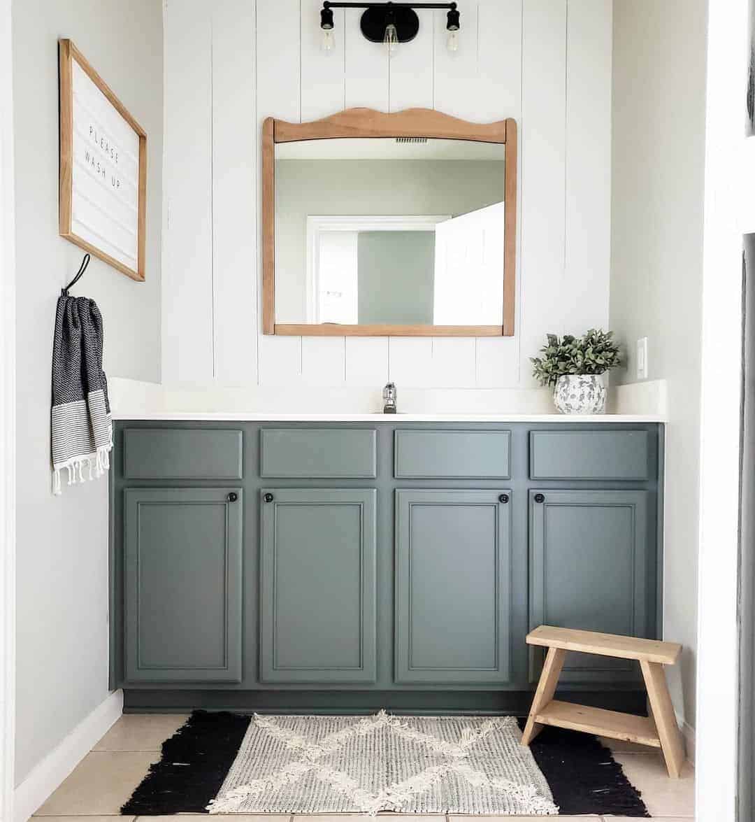 10 of  Gray Vanity with Wood Framed Bathroom Mirrors