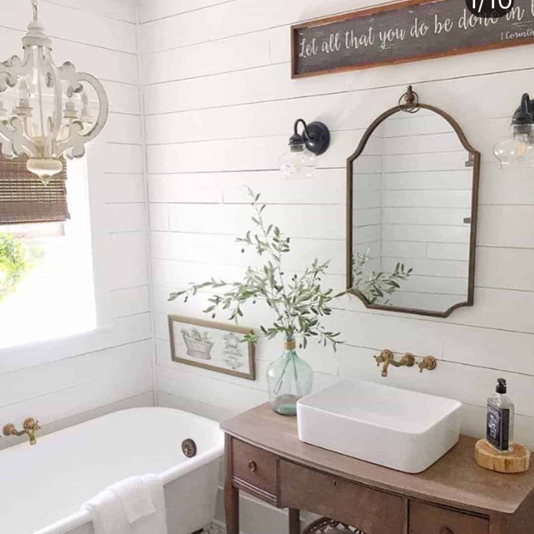 07 of  Shiplap Bathroom with Stained Wood Washstand