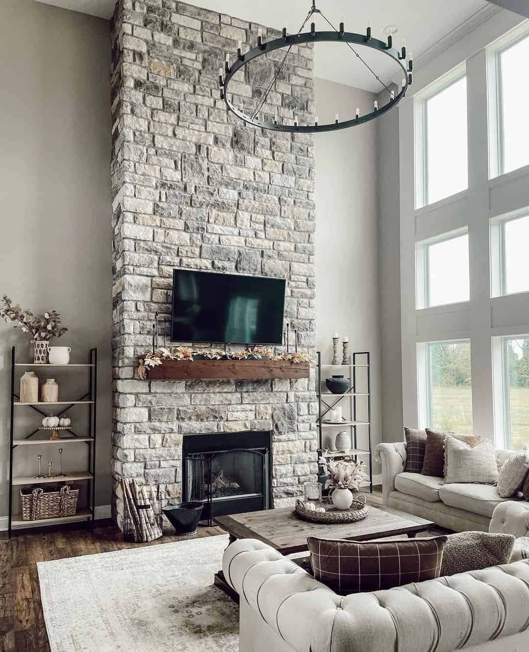 04 of  Gray Stone Two Story Fireplace with TV