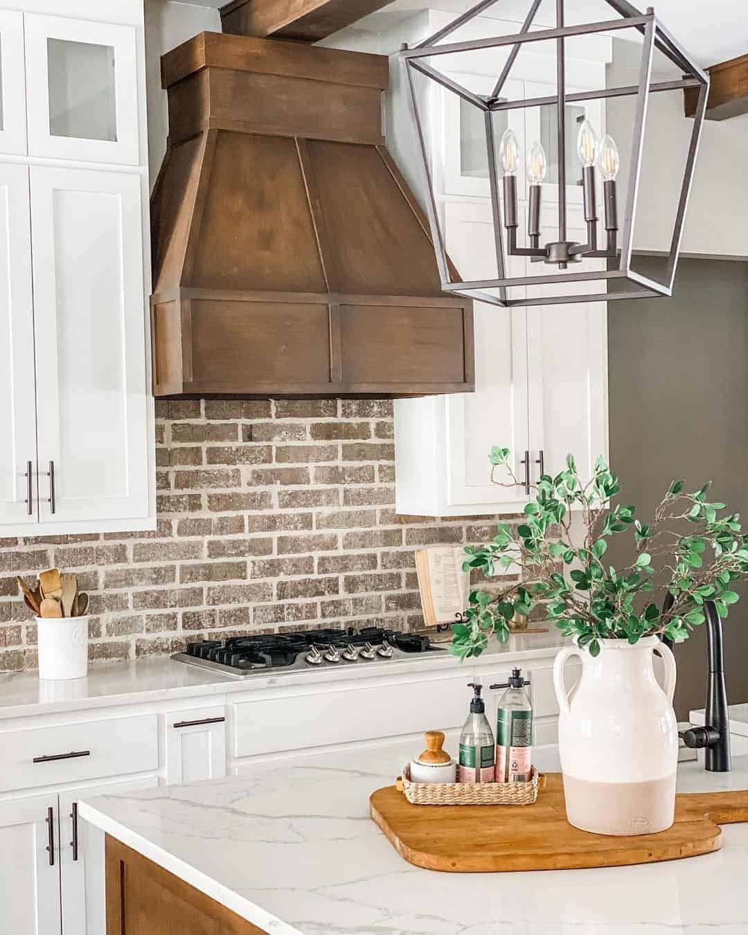 18 of  White Rustic Farmhouse Kitchen with Brickwork Backsplash