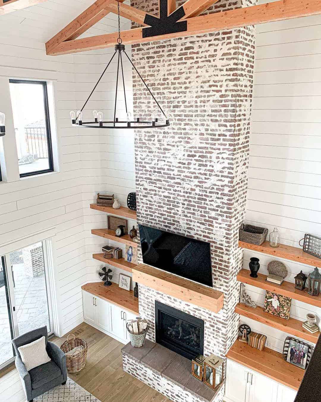 18 of  Living Room with Whitewashed Brick 2 Story Fireplace