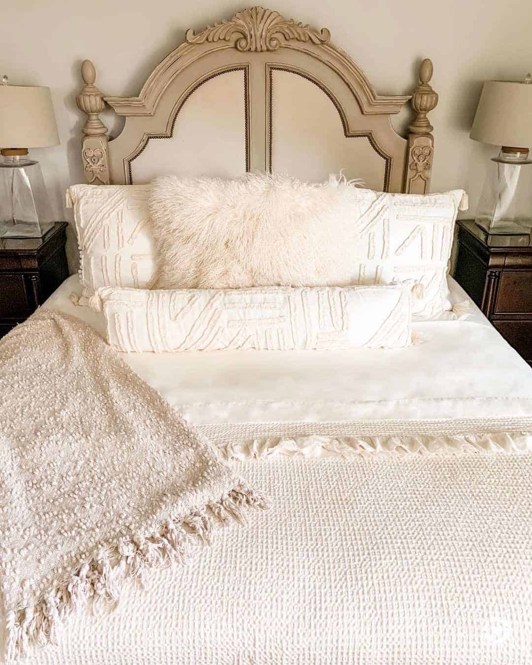 26 of  White Coverlet on Bed With Ornately Carved Wood Headboard