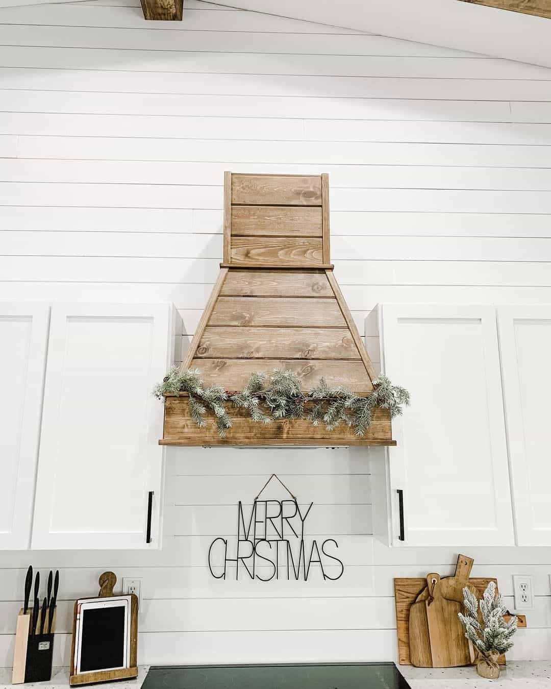 21 of  White Kitchen with Shiplap Walls and Vent Hood