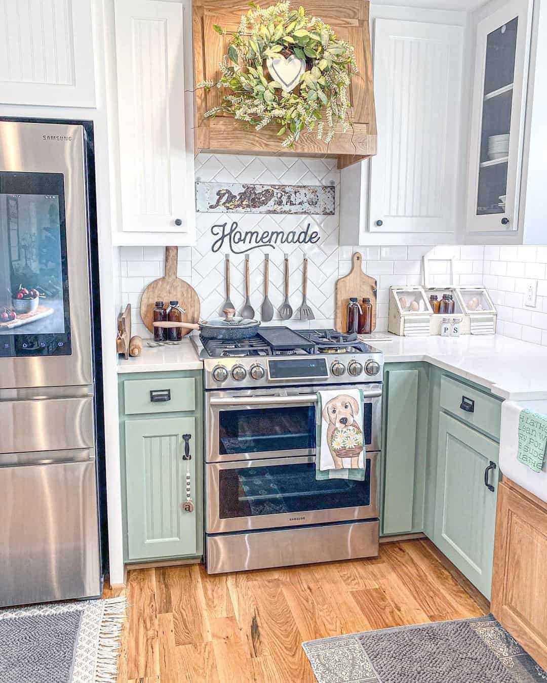 17 of  Green Kitchen Cabinets and Herringbone Backsplash