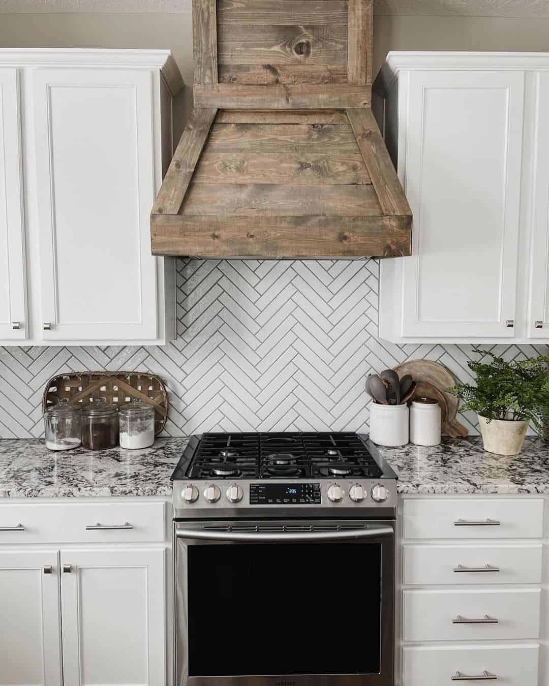 02 of  Herringbone Backsplash with Rustic Wood Range Hood