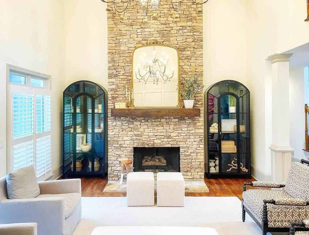 17 of  Dry Stacked Stone High Ceiling Fireplace