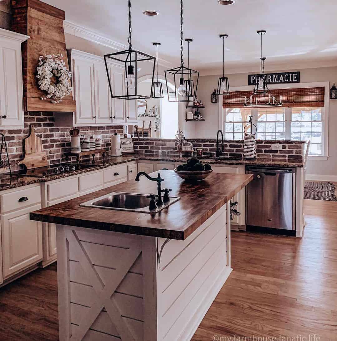 31 of  Red Brick Backsplash and a Taupe Countertop