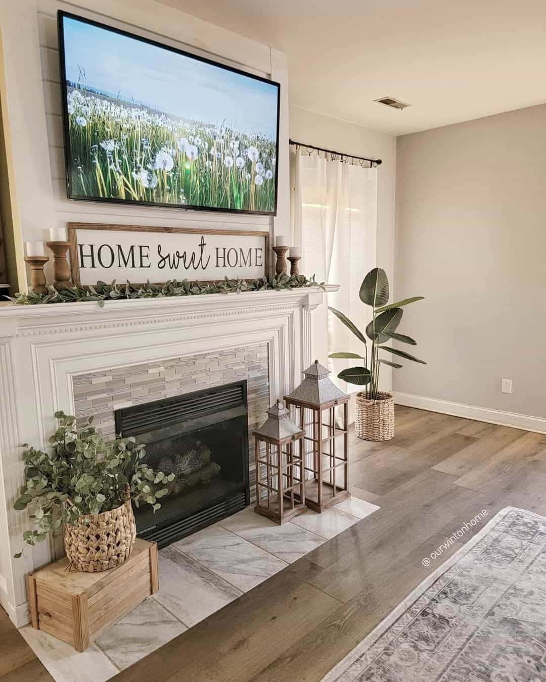 14 of  Living Room with White Crown Molded Fireplace