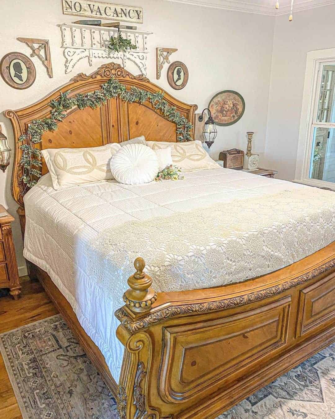 32 of  Ornately Carved Headboard with Warm Wood Floor