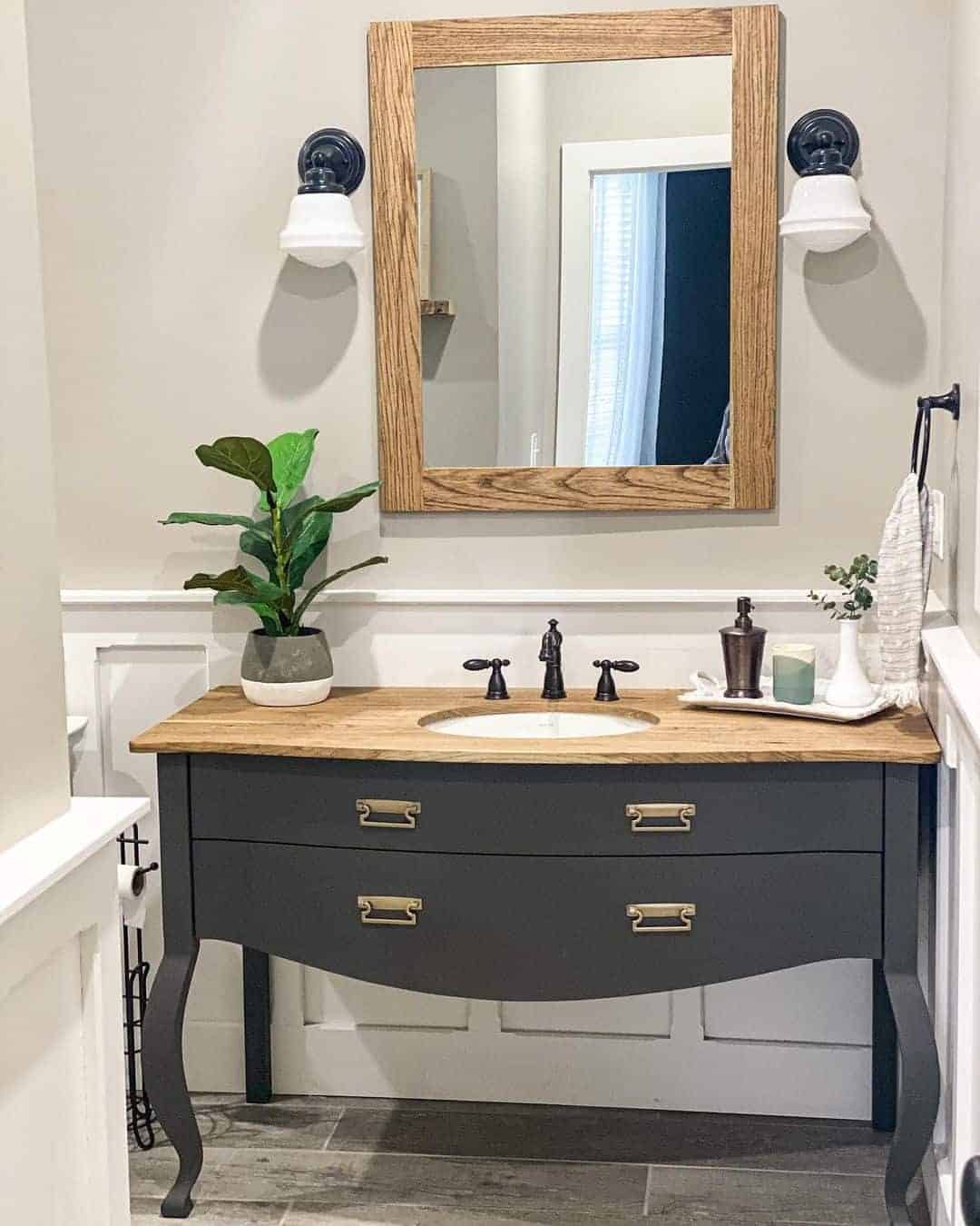 34 of  Wood Countertop Bathroom with Gray Washstand