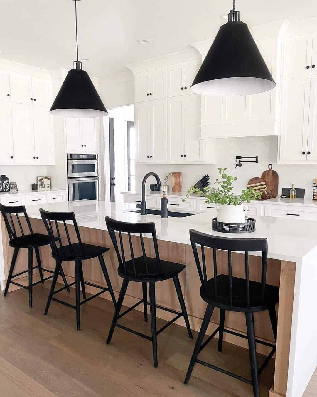 09 of  Black and White Kitchen With Wood Island