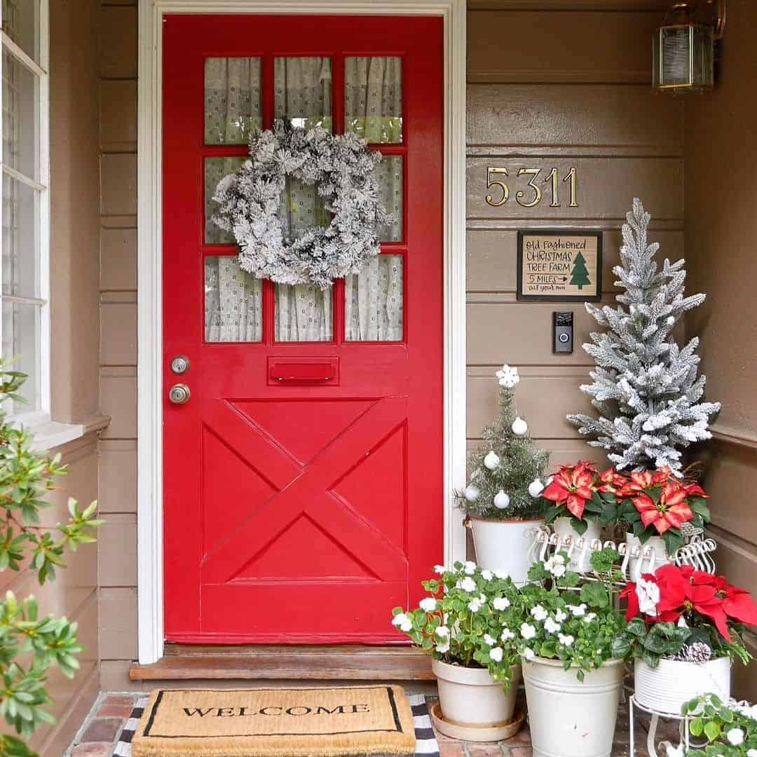 27 of  Winter-Themed Red Farmhouse Front Door